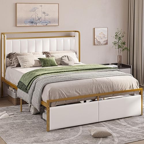 Miniatura 7 de LIKIMIO Base de cama Queen con reposabrazos, cabecero y luz RGB, plataforma de cama tapizada tamaño Queen con cajones, no necesita somier, estudio y