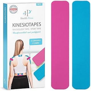 Health Press® Kinesiotapes - 30 Kinesiologie Tape Streifen Precut Blau + Rosa (25cm x 5cm) Kinesiotape - Profi Physio Tape...
