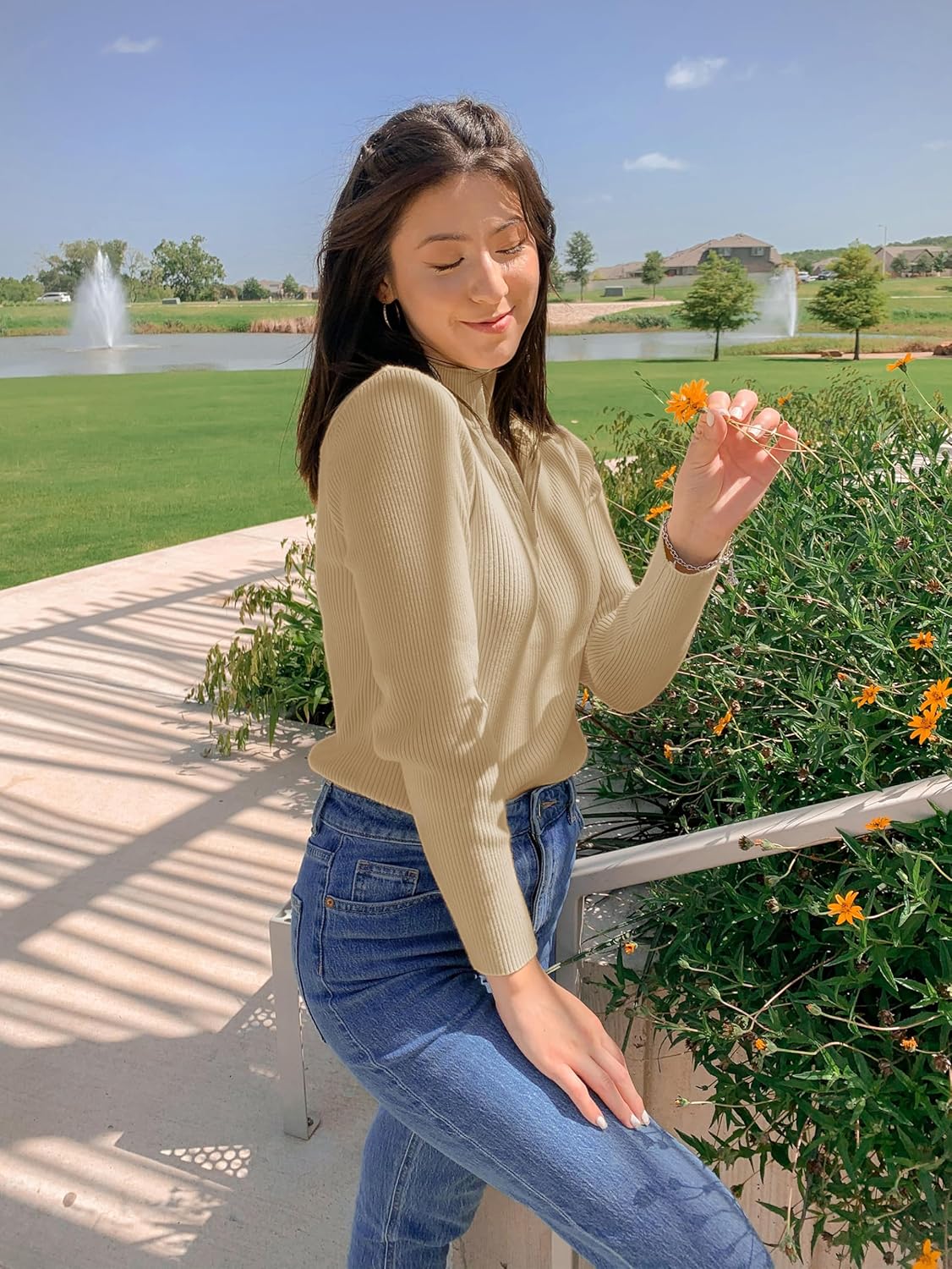 PRETTYGARDEN Spring Quarter Zip Pullover Sweaters for Women 2026 Long Sleeve Collared Fitted Ribbed Knit Tops - Image 5