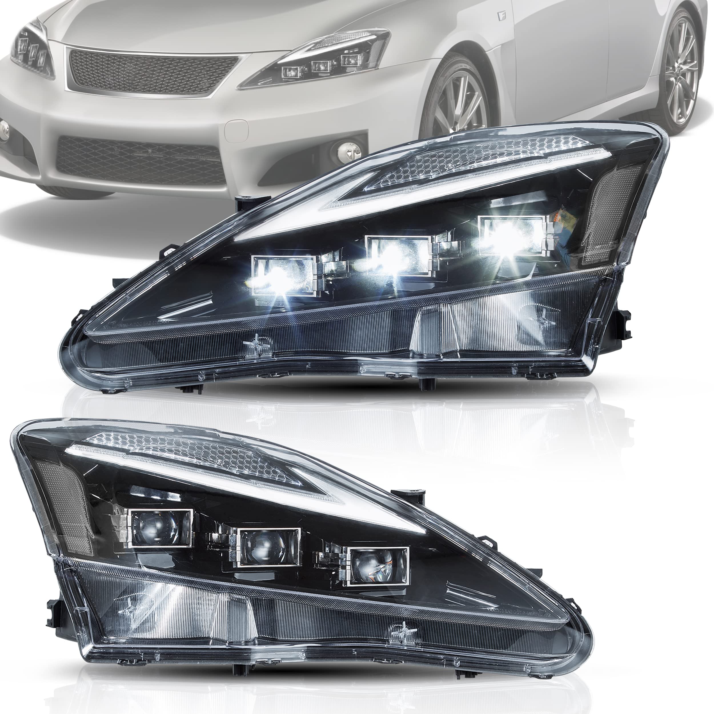 VLAND Headlights Assembly Fit for Lexus IS250/IS250C IS350/IS350C IS220d 2006-2012, ISF 2008-2014 W/Start-up Animation Blue DRL, Sequential Turn Signal,Plug and Play Clear Reflector