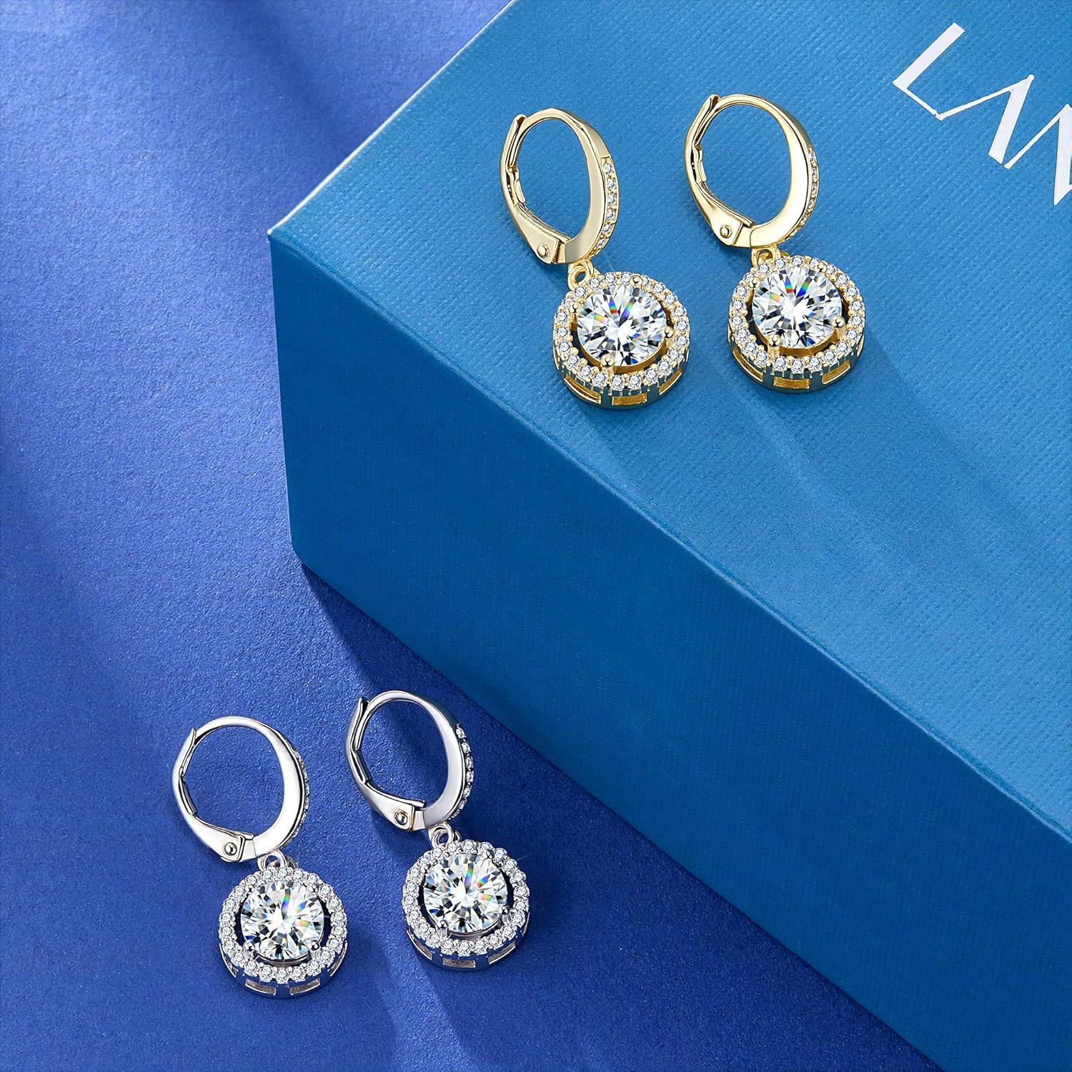 Moissanite Earrings, Hypoallergenic 925 Sterling Silver Dangle Earrings 2.0ct (1.0ct*2) Round Cut Lab Created D Color Moissanite Gold Hoop Drop Earring for Women