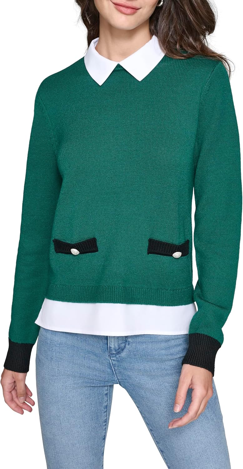 Karl Lagerfeld Womens Sweater with Built-in Shirt Details - Image 5