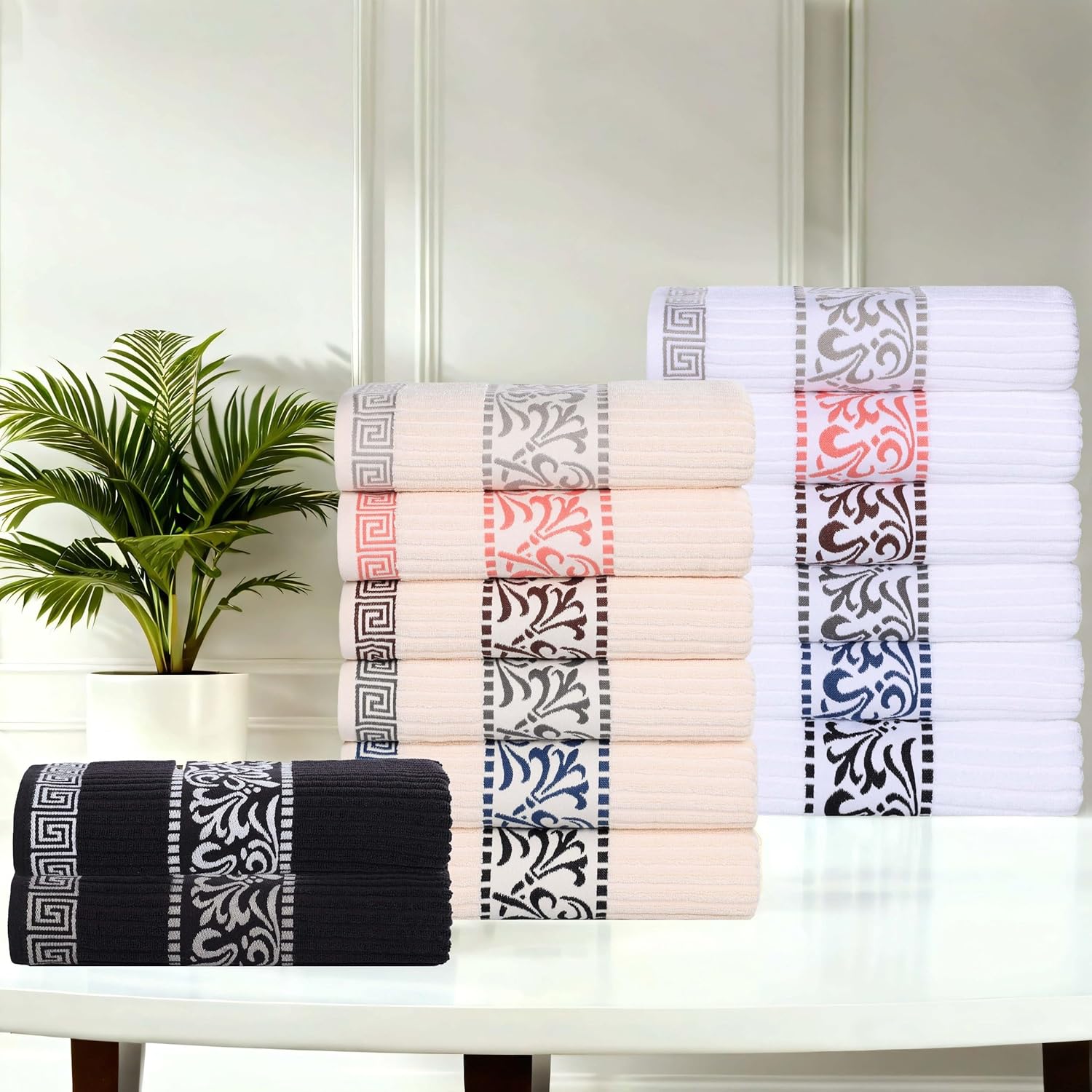 BNM 4 Piece Cotton Bath Towel Set, Greek/Floral Decor For Bathroom, Guest Bath, Spa, Resort, Home Essentials, Absorbent, Adults And Kids, Fast Drying Towels, Medium Weight Towels, Ivory/Navy