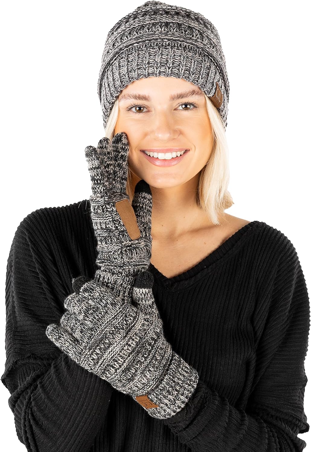 Funky Junque Women’s Beanie & Touchscreen Gloves Set – Soft 100% Acrylic Knit Winter Hat and Gloves, Cozy Cold Weather Gift