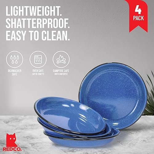 Miniatura 2 de Red Co. Juego de 4 platos redondos de metal esmaltado de 10 pulgadas, borde blanco moteado azulnegro