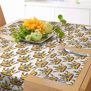 Lunarable Queen Table Runner & Placemats, Medieval Crowns with Blue Ornamental Stones Pattern Coronation Ceremony Design, Set for Dining Table Decor, Placemat 4 pcs + Runner 16"x90", Royal Blue Yellow