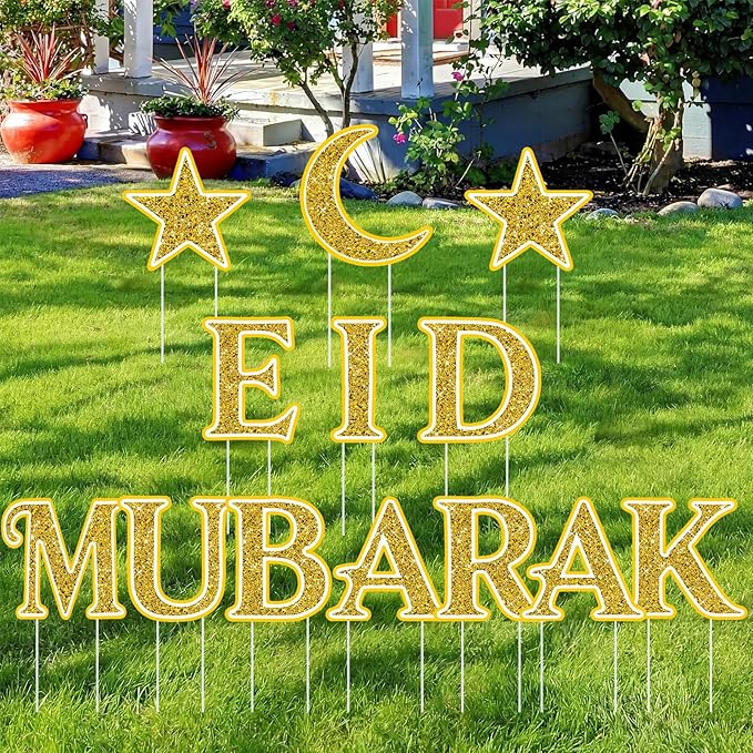 Eid Islamic Outdoor Gold Moon Star Decorations with Stakes Eid Mubarak Party Supplies for Outdoor La...