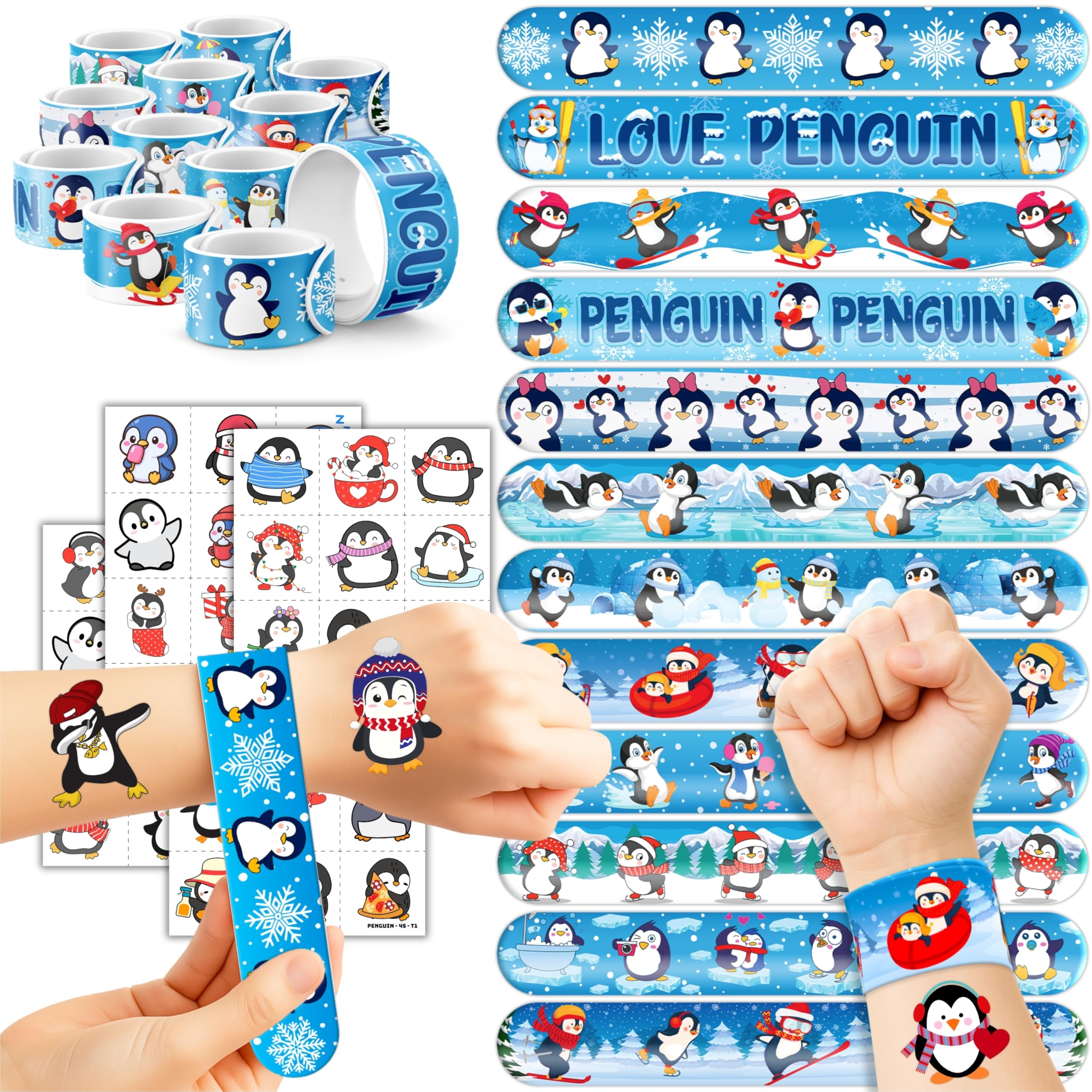 72PCS Penguin Party Favors | 48PCS Temporary Pre - cut Tattoos & 24PCS Slap Bracelets - Winter & Arctic-Themed Birthday Supplies, Baby Shower Gifts,