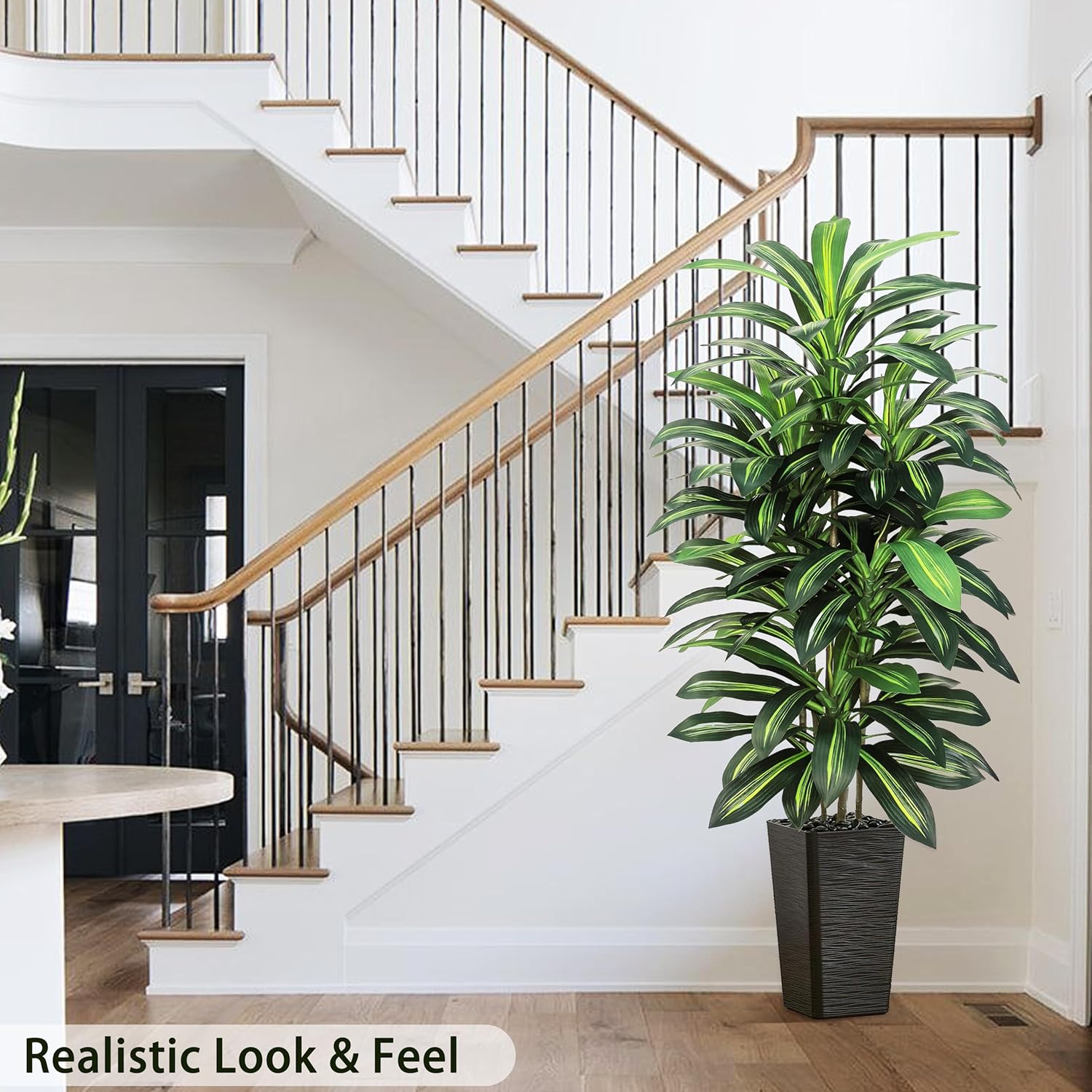 Artifical Dracaena Tree Indoor, 5FT Tall Fake Floor Plants with Black Planter & Pebbles, Fuax Silk Yucca Tree for Home Office Living Room Bedroom Farmhouse Modern Outdoor Topiary Tree - Image 3