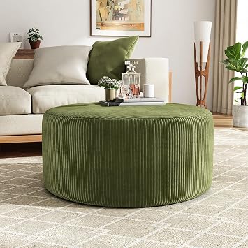 Stripe Ottoman Foot Stool, 30.25" Pouf Footstool Ottoman Seat, Comfortable Upholstered Foot Chair, Modern Round Footrest Side Table for Living Room Bedroom Home Decor, Olive Green