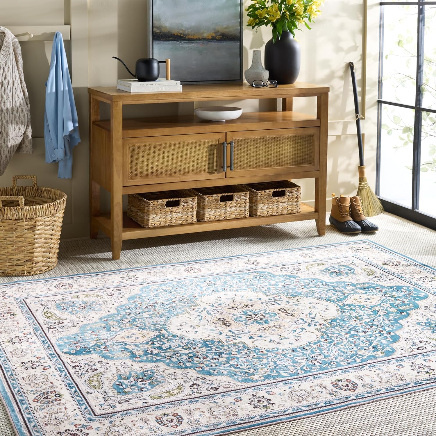 Martha Stewart x SAFAVIEH Machine Washable Area Rug Collection - 5' x 7', Turquoise & Beige, Slip Resistant & Easy Cleaning, Ideal for Ideal for Living Room, Bedroom, Dining Space (MSRW136K)