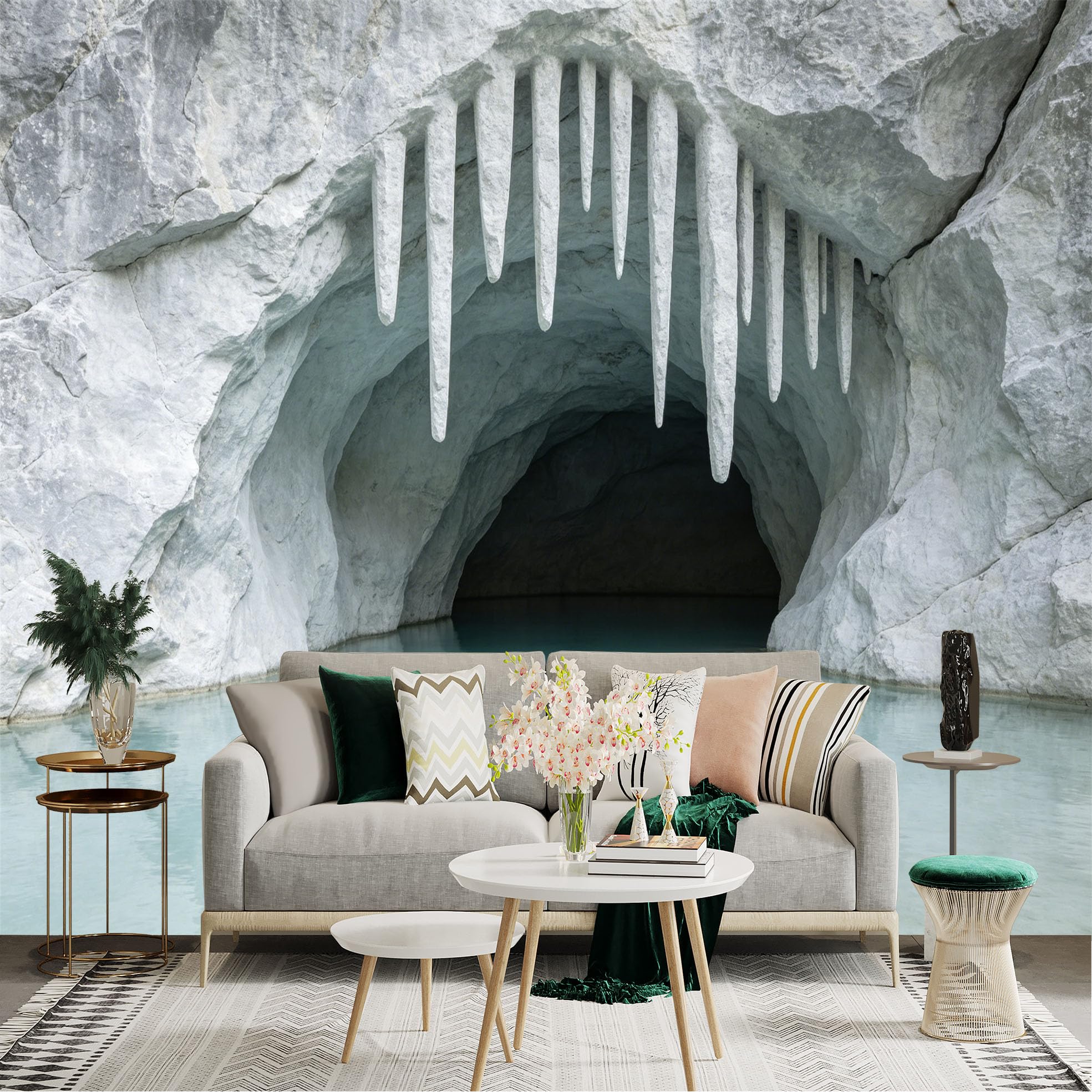 Lnzczhyre Dbh260521037 Custom Size Wall Sticker Mural， Natural Limestone Cave With Turquoise Water And Stalactites， For Wall Decoration， Peelandstick Wall Decals.
