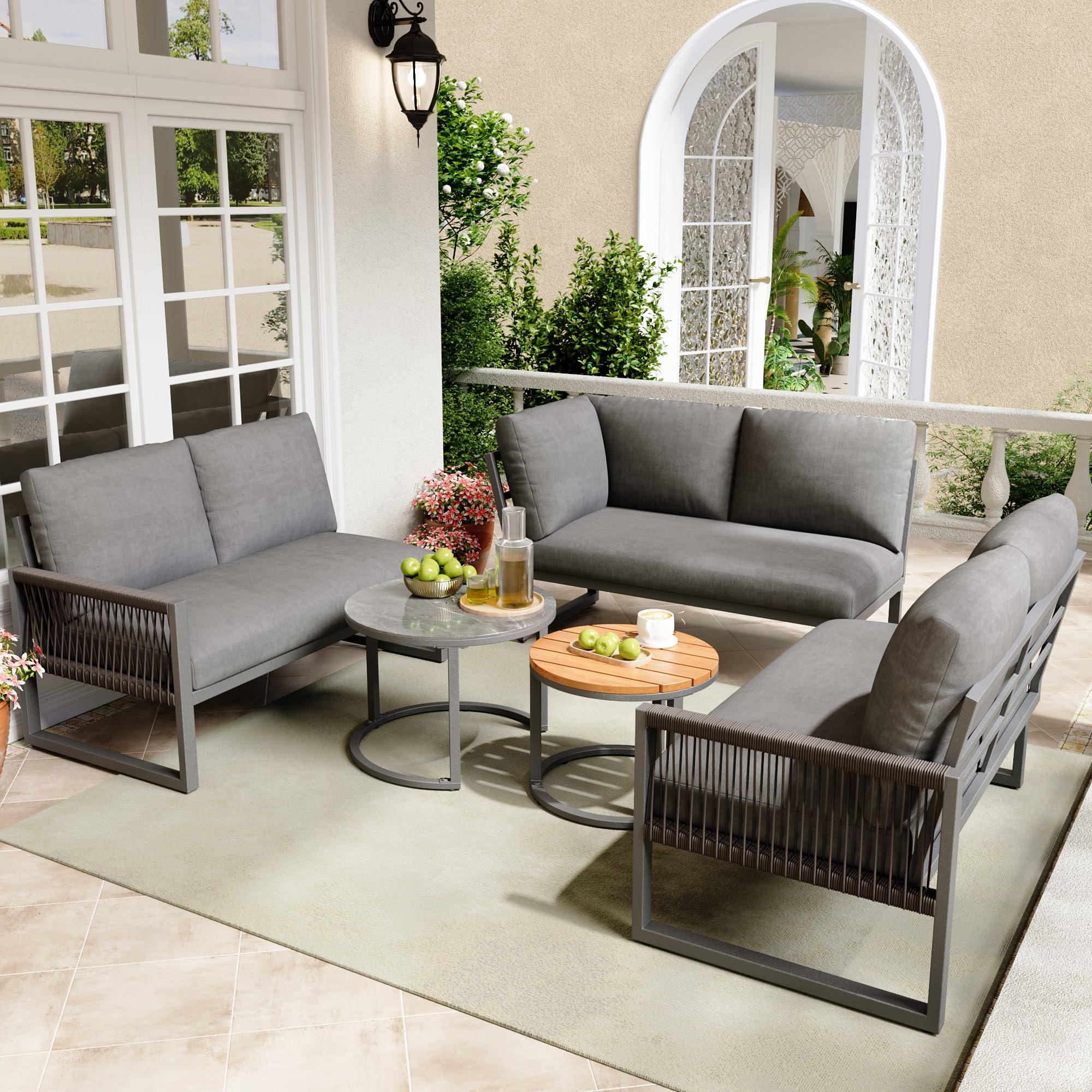 Mrwoo Juego de Salón de Jardín para 6-7 Personas, Sofá Esquinero con Armazón de Hierro Galvanizado Ajustable, Incluye Todos los Cojines, Muebles de Terraza Resistentes, Color Gris (Gris)
