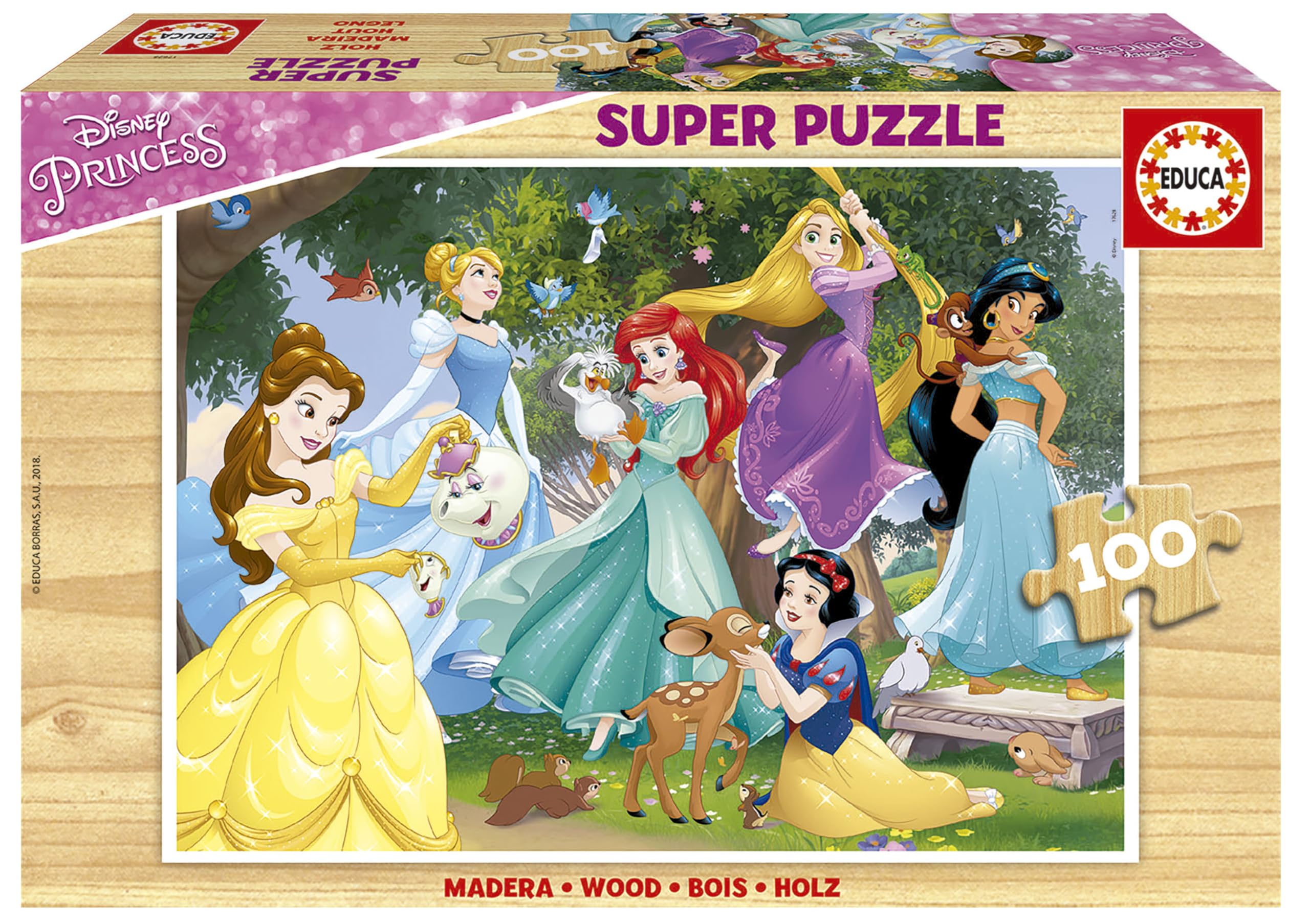 Educa - Holzpuzzle Disney Prinzessinnen | 100 Teile Holzpuzzle | Jasmin, Arielle, Belle, Disney | ab 6 Jahren (17628)