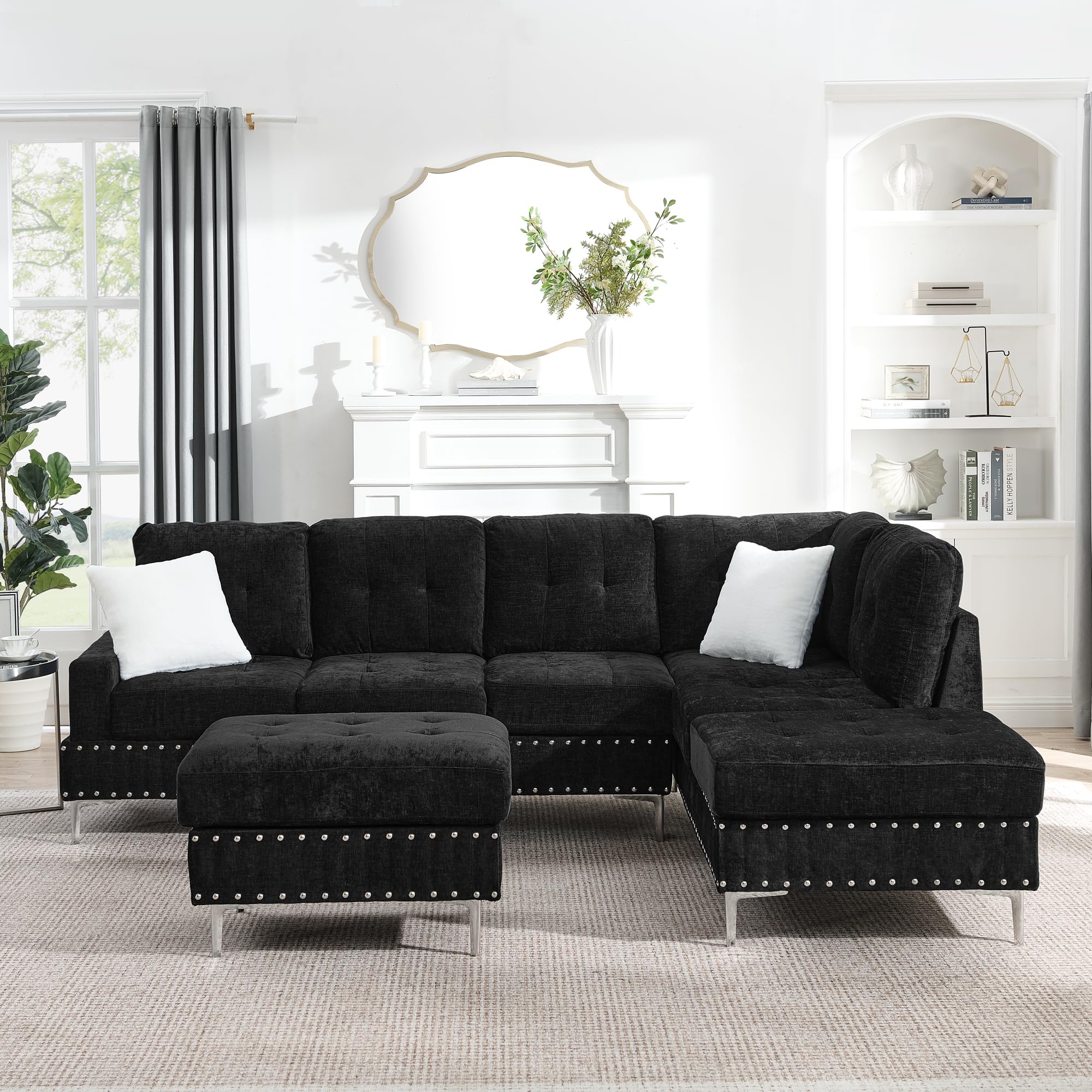 ERYE 102-Inch L-Shaped Corner Sectional Sofa Chenille Upholstered Tufted Corner Sofa Couch with Storage Ottoman and Nailhead Decor