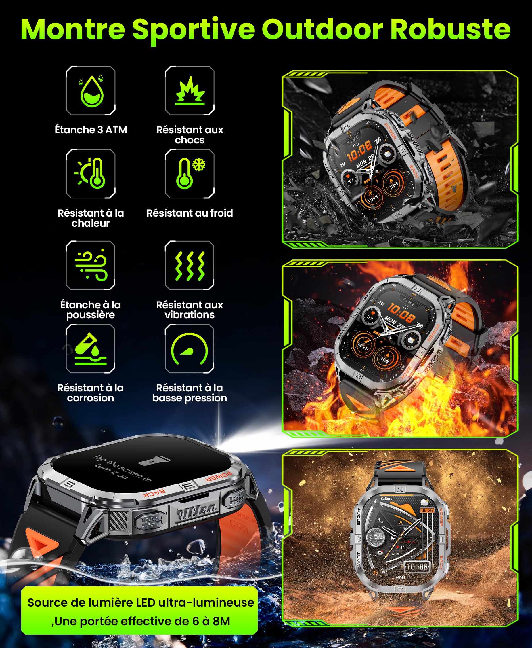 GPS Montre Connectée Homme, 2,13" AMOLED Militaire Smartwatch avec Torche LED/Boussole/100+ Modes Sportifs/580mAh Batterie/Surveillance Santé/Appels Bluetooth pour Android iOS (Noir)