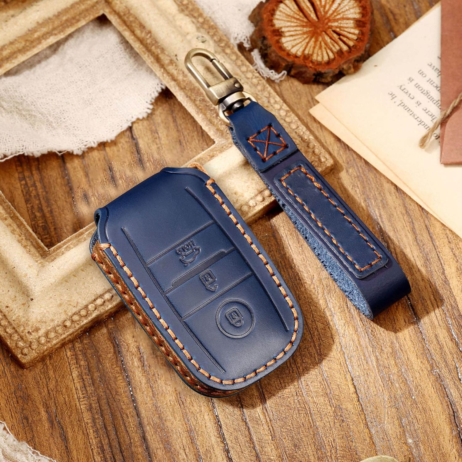 HIBEYO Leather Car Key Fob Cover with Keychain fits for Kia Forte Optima Rio Sedona Sorento Soul Sportage K3 K5 Carnival Car Key Case Cover Smart Remote Car Key Keyless Entry Holder 3 button Blue