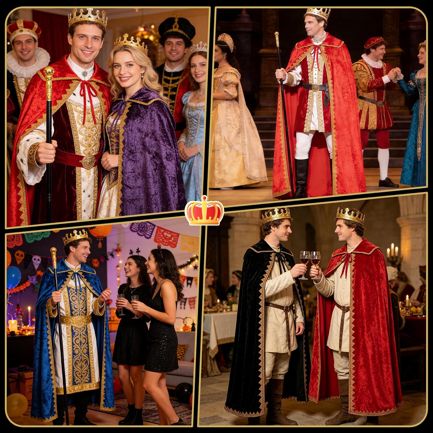 King Costume for Men Women,King Queen Cape with Crown,Scepter