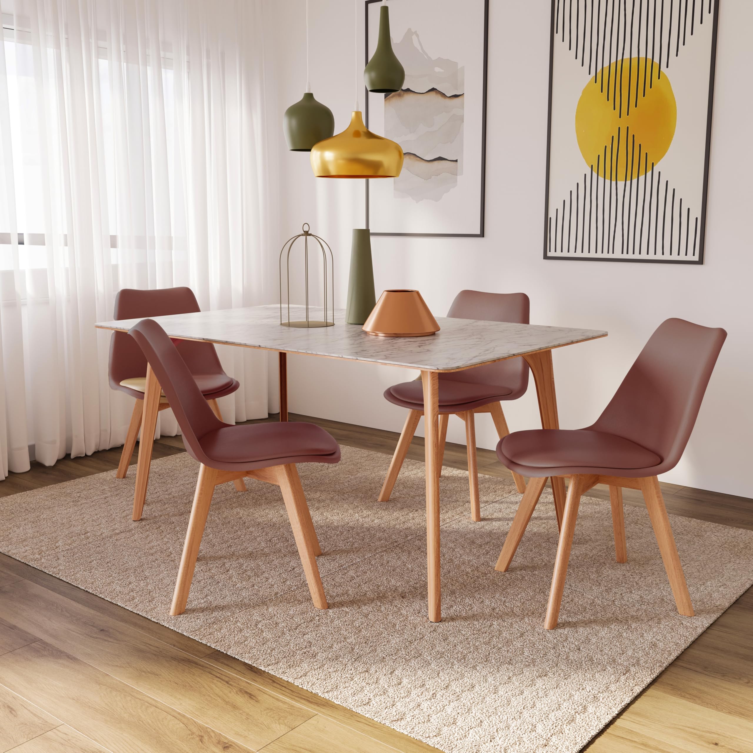 Arreditaly Set Di 4 Sedie Per Sala Da Pranzo Ufficio Con Gambe In Faggio Legno Massello Massiccio Stile Nordico Scandinavo Comoda Seduta Imbottita Ideale Per Soggiorno Sala Riunione (Rosso Cremlino)