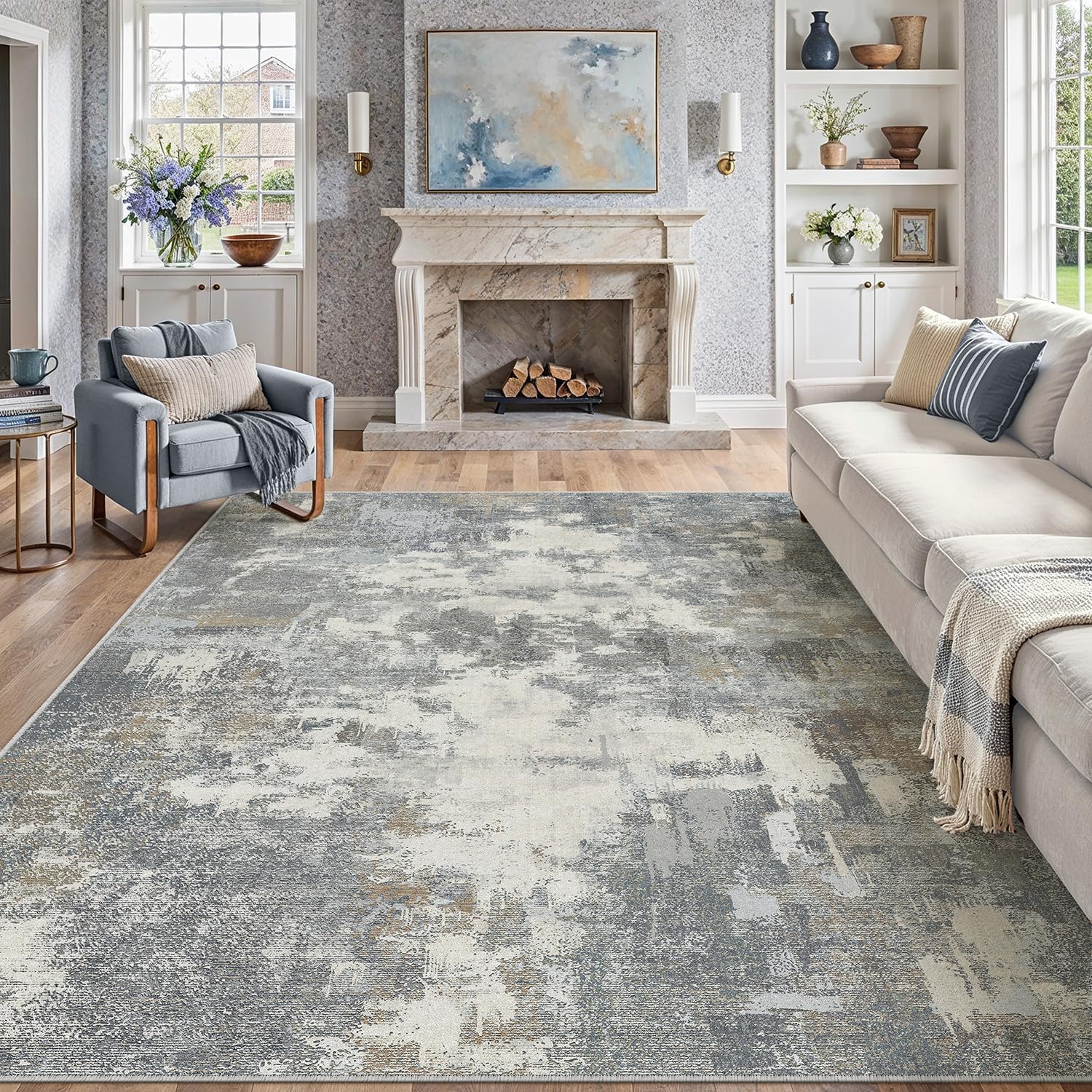 PureCozy Modern Abstract Area Rug Living Room Extra Large 200x300cm Non-Slip Blue-grey Carpet Lightweight Short Pile Washable Floor Mat for Bedroom Dining Room Nursery Lounge Home Office Decor