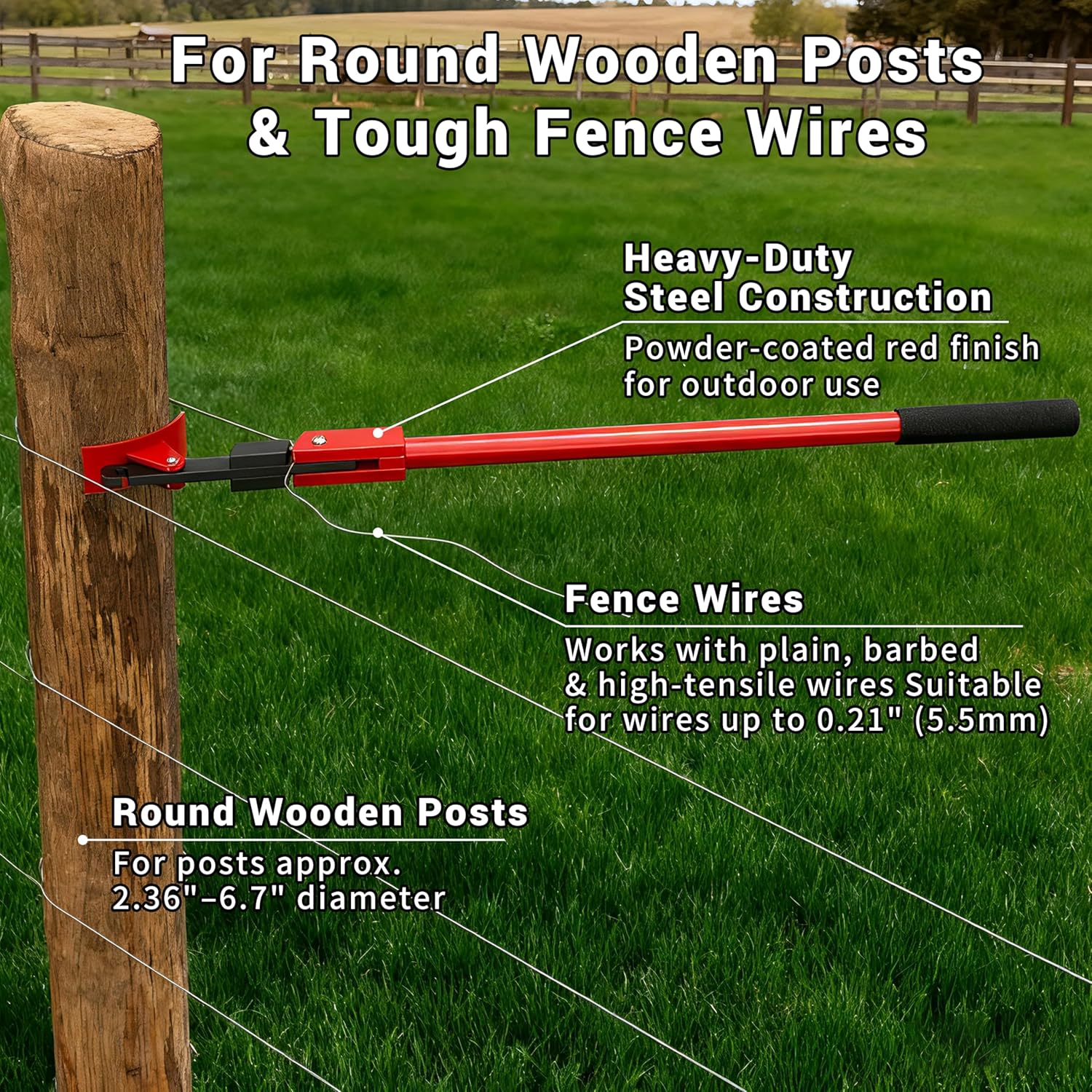 Fence Wire Stretcher Tool and Wire Tensioner for Round Wooden Posts, Heavy-Duty Fence Wire Tensioning & Repair Tool for Barbed/Smooth/Electric Wire, Easy One-Person Use on Farm & Ranch