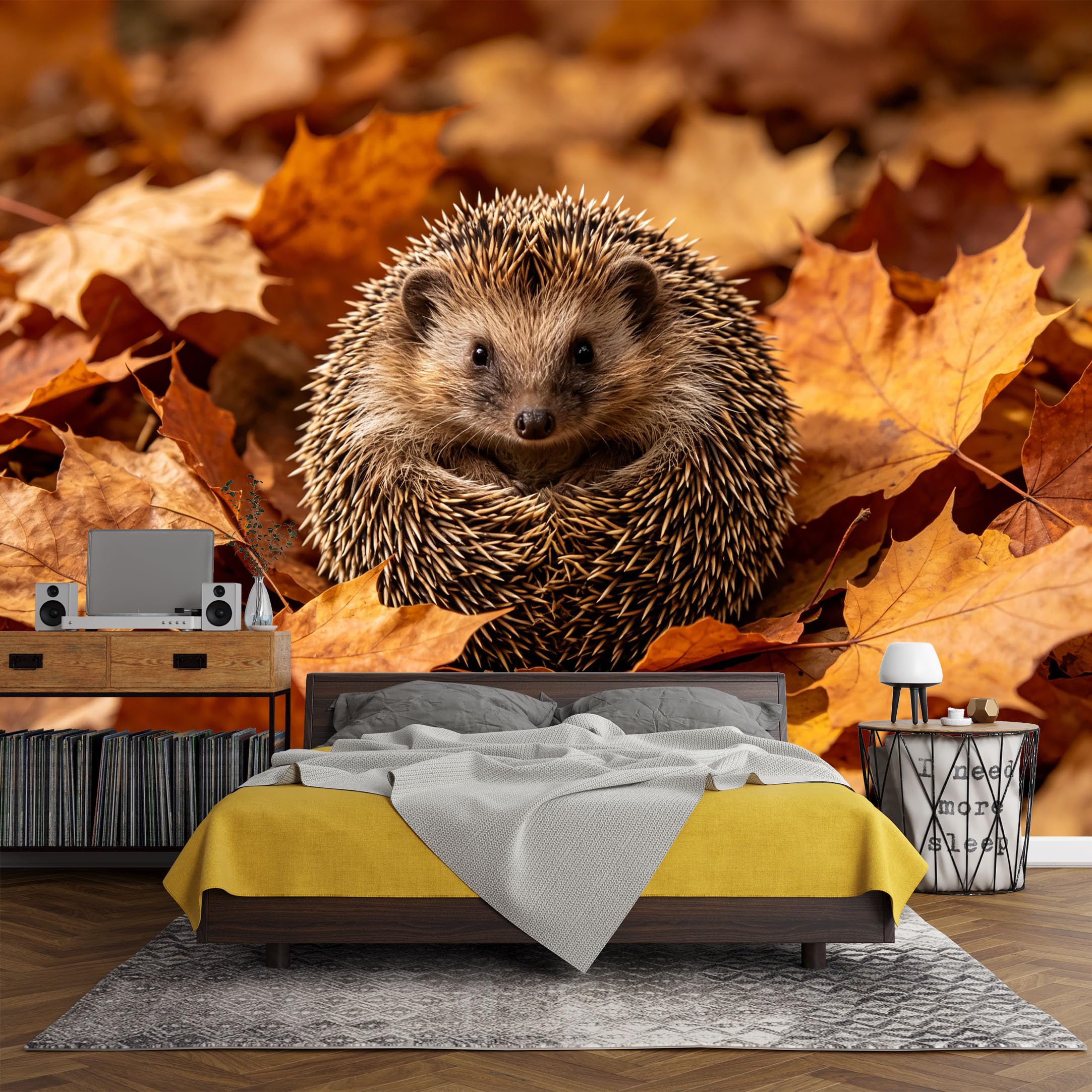 Custom Size Wall Mural， Autumn Forest Hedgehog Maple Leaves Woodland Scene， SelfAdhesive Art Prints wall Fabric (No PVC) Removable Wallpaper Living Room Decor