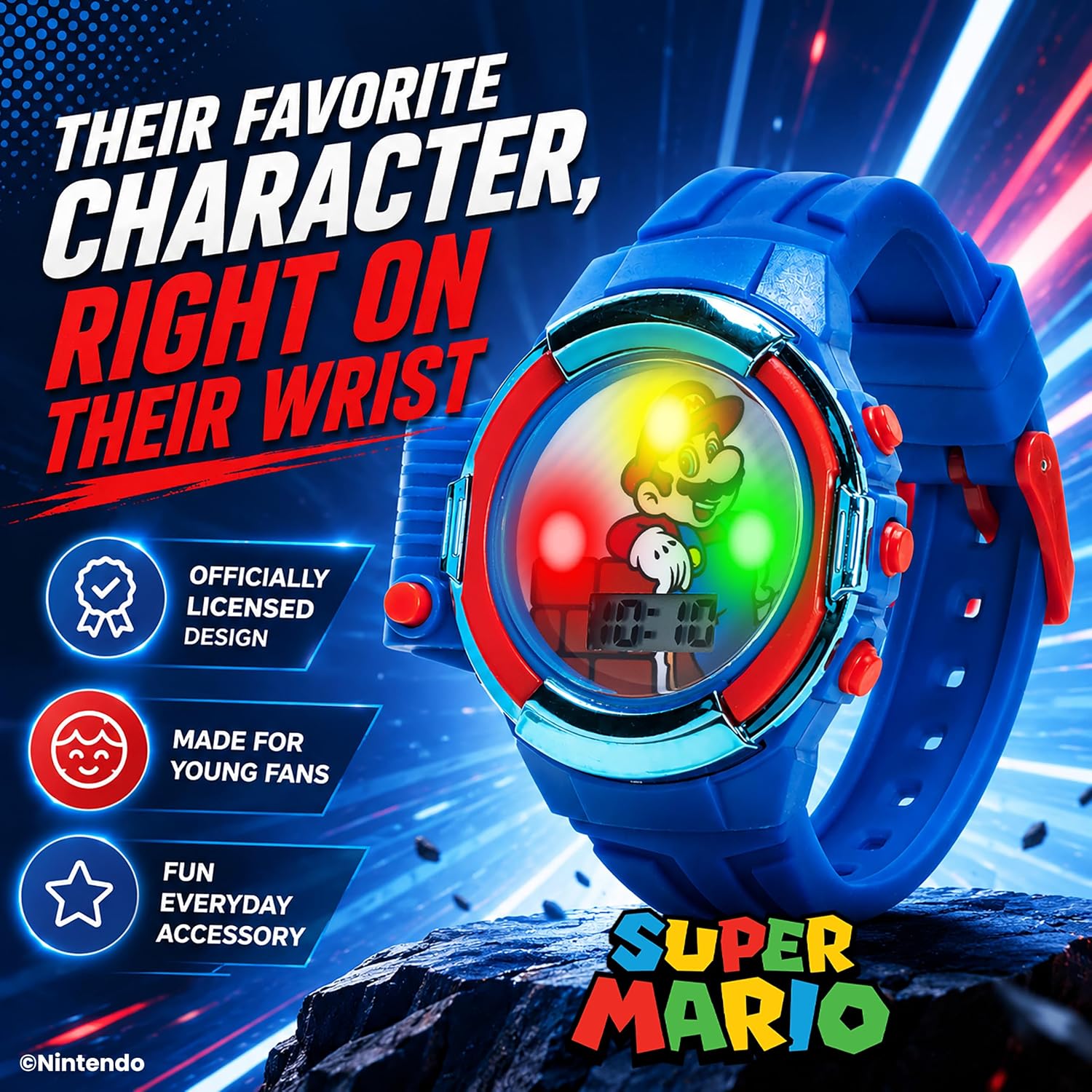 Nintendo Super Mario Kids LCD Watch with Flashlight and Flashing Lights