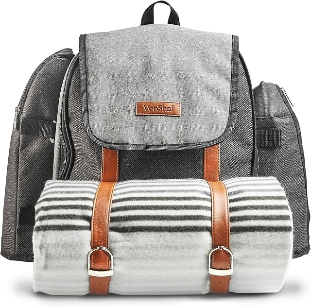 VonShef Grey Picnic Backpack with Blanket  4 Person Picnic Rucksack & Striped Travel Mat for Alfresco Dining - PEVA Waterproof Picnic Bag & Picnic Rug, Dining Set & Insulated Cooling Compartment
