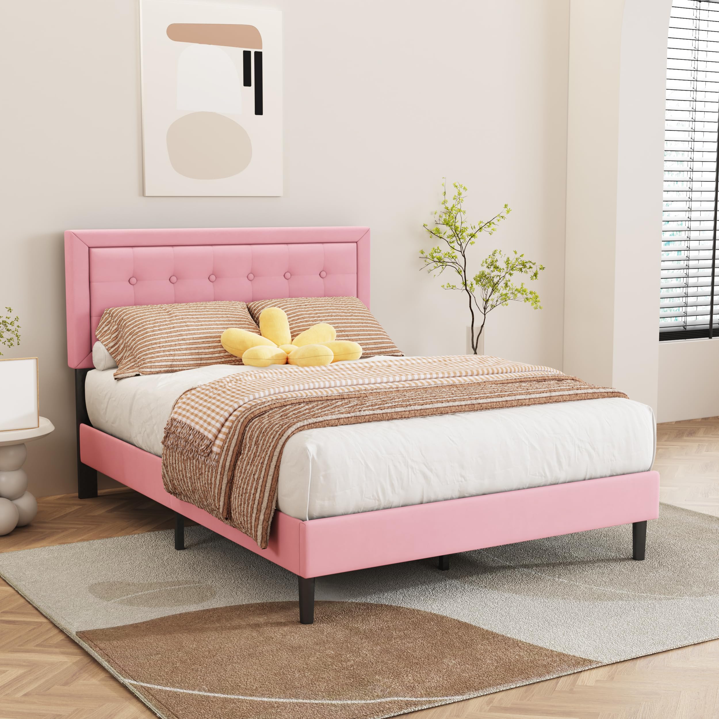 Amazon.com: alazyhome Full Size Pink Modern Upholstered