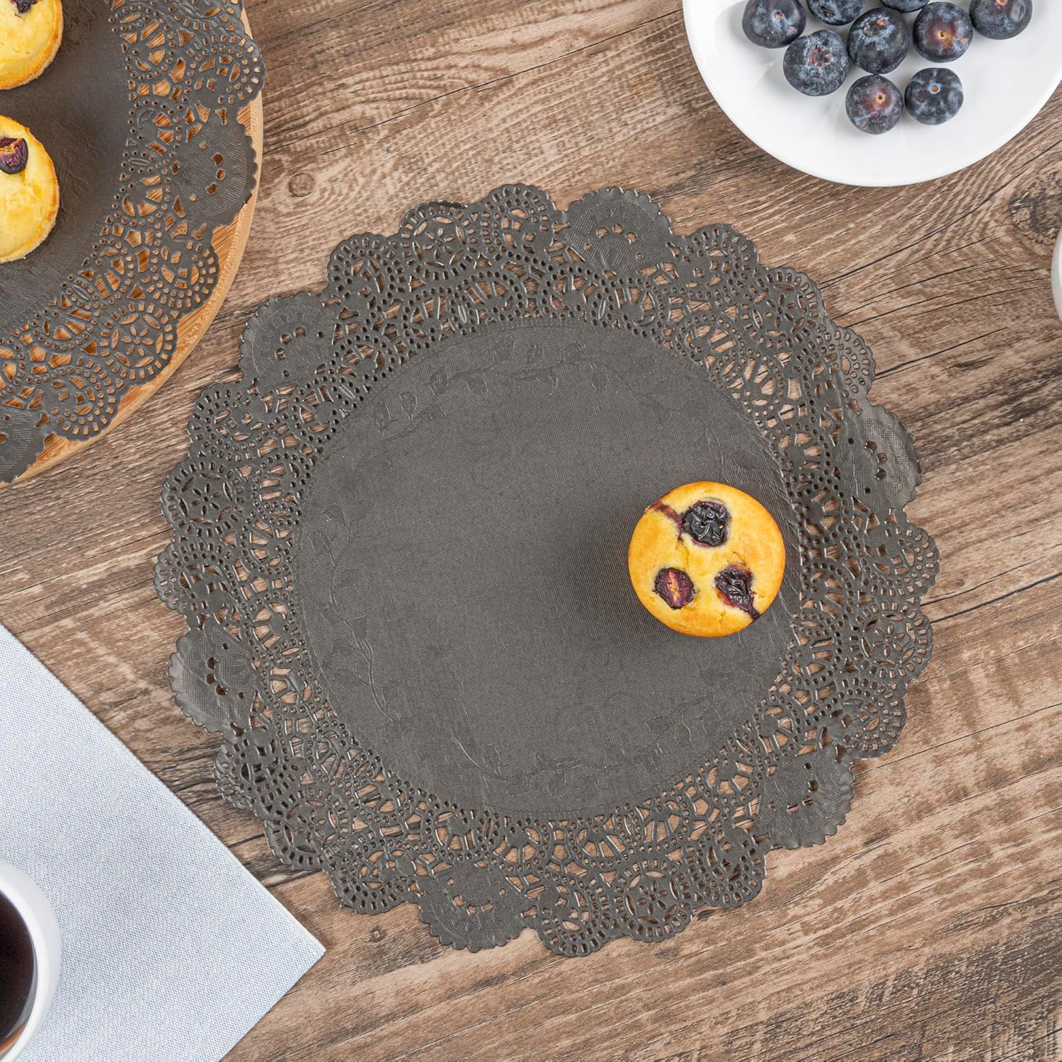 Restaurantware Pastry Tek 12 x 12 Inch Lace Doilies 100 Decorative Tableware Placemats - Disposable Round Black Paper Table Doilies For Birthdays Or Weddings Table Decor