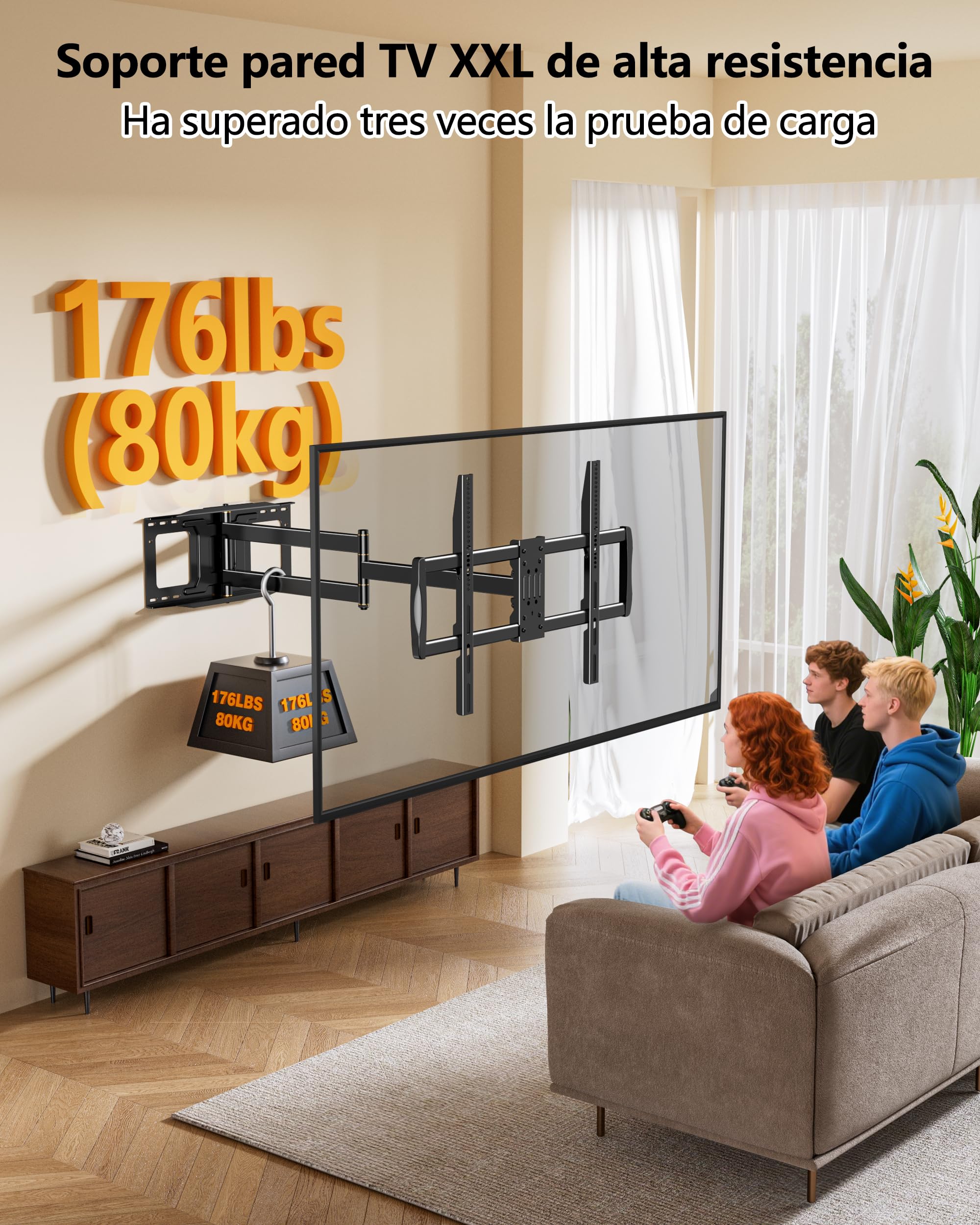 Soporte TV Pared con Brazo Largo de 1090 mm para Pantallas Planas y Curvas de 42-110 Pulgadas, Sujeción TV Pared Inclinable y Giratorio con Brazo Articulado VESA Máx 900x600 mm hasta 80 kg