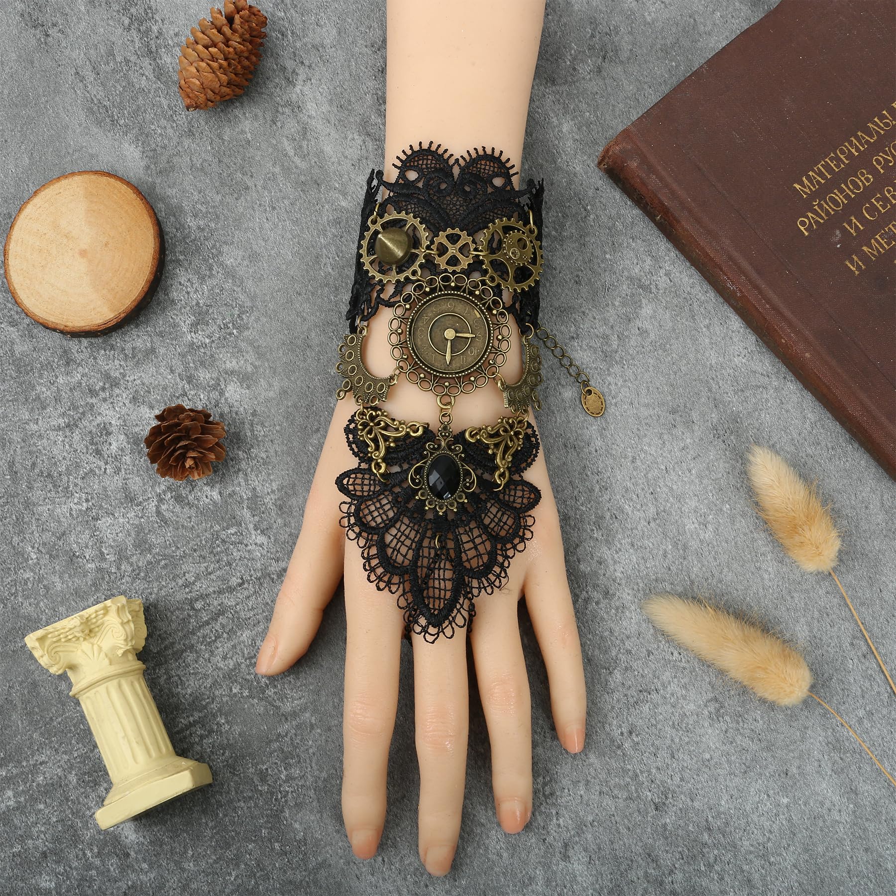 Wasise Steampunk Accessories, 2PCS Punk Accessories for Women Gothic Lace Gloves with Alloy Gears and Clock - Image 4