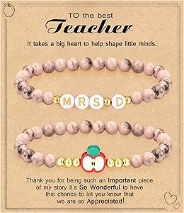 Teacher Appreciation Gifts for Women,Teacher Must Haves Initial Bracelet Mrs Miss End of Year Teacher Gifts Thank You for Helping Me Grow Music Math Science Teachers Bracelets Retirement 2 Set Jewelry