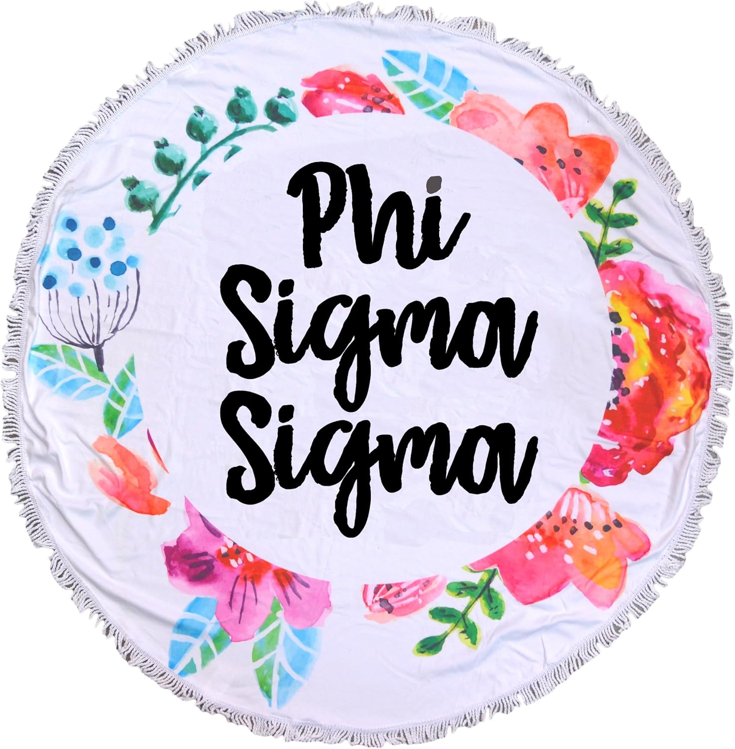 Sorority Shop Phi Sigma Sigma Floral Design Round Beach Towel with Fringes - 60", Round Beach Blanket, Soft Microfiber, Lightweight and Durable PSS Beach Towel Blanket, Water Absorption, Quick Dry