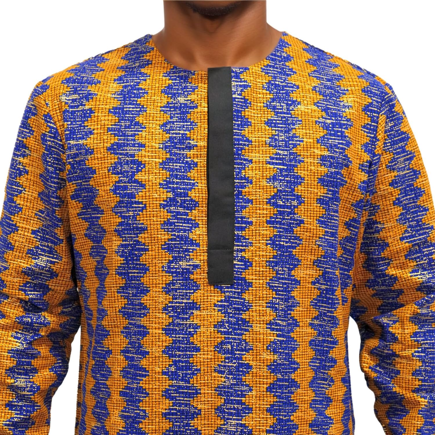 African Mens Shirt Slim Fit Traditional Long Sleeve Dashiki Print Cotton Wax Cloth Top