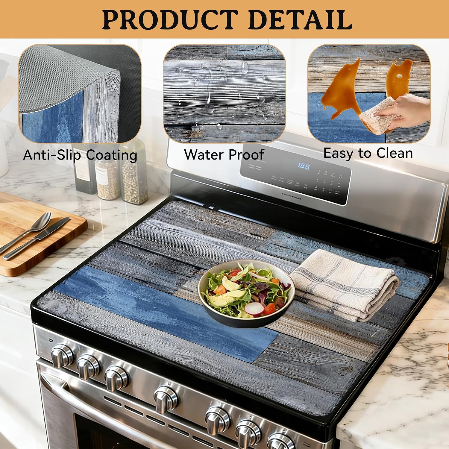 Wooden Design Multi-Design Stove Top Covers for Electric Stove, Heat-Resistant Protector Mat, Non-Slip Drying Rack 28"x20" Stove Burner Covers