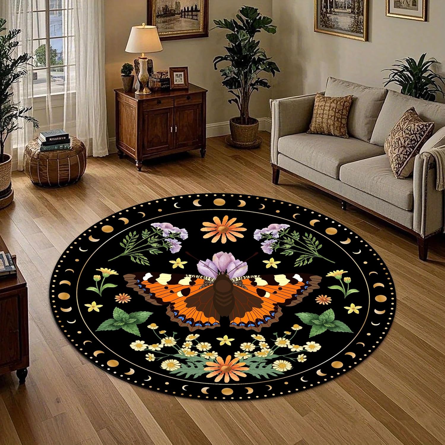 Moth Circle Area Rug, 3ft, Bohemian Daisy Violet Floral Plant Fashion Circle Rug, Sun and Moon Phases Border Design Orange Moth Soft Non-Slip Floor Mat for Living Room Bedroom Kids Room