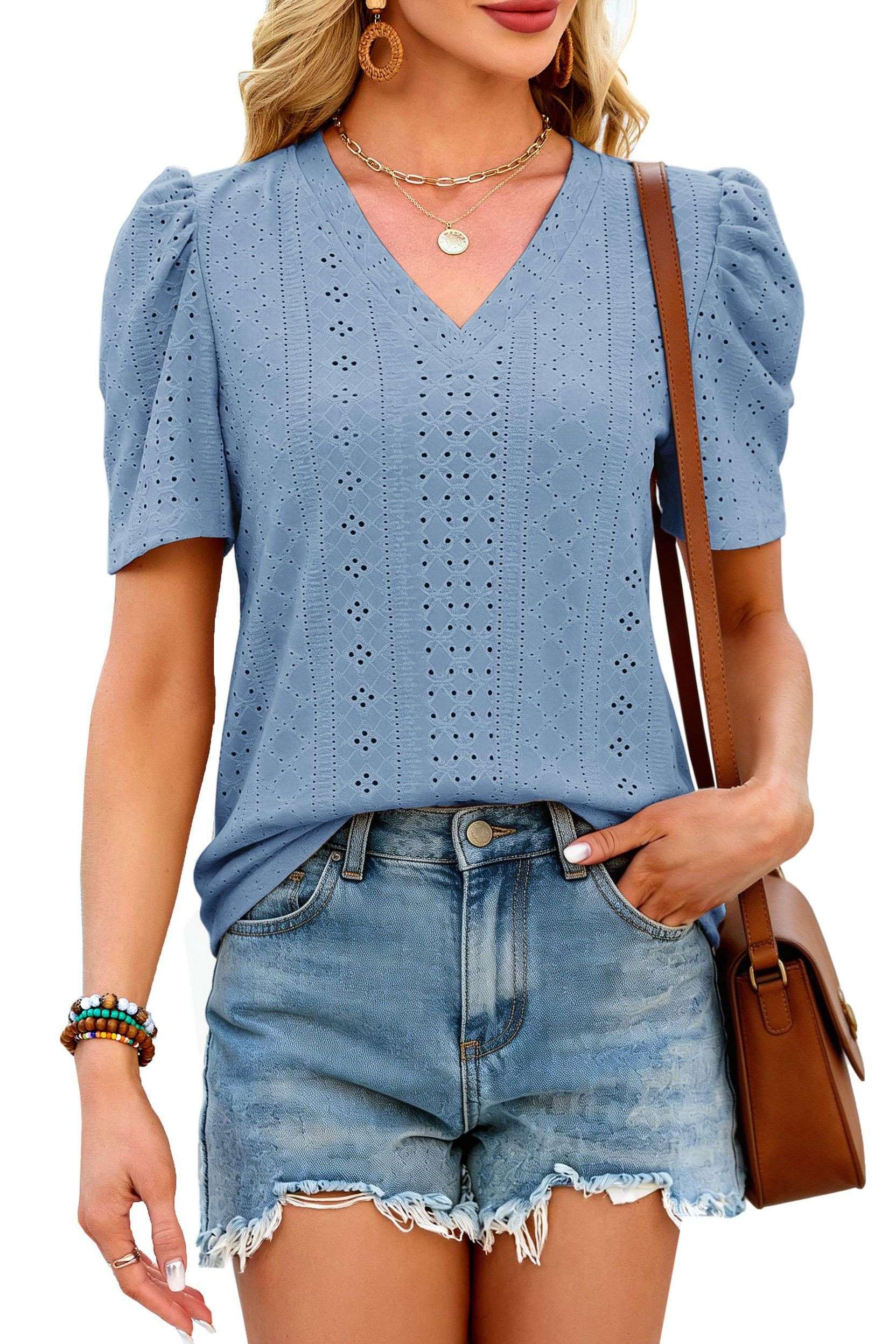 NAIOSS Damen Oberteil Sommer Bluse Kurzarm mit Puffärmeln Tshirt V Ausschnitt Tunika Tops