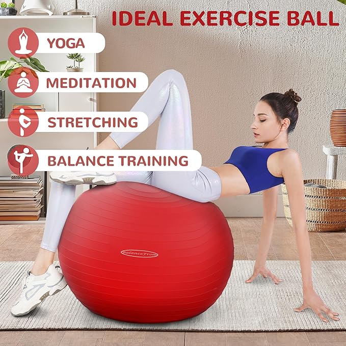 The package includes a quick pump that facilitates easy and rapid inflation, ensuring the ball is ready for use without much delay. The BalanceFrom exercise ball can be effectively incorporated into core strengthening exercises, flexibility training, and even used as a support during prenatal workouts. It is a versatile and practical tool for individuals aiming to enhance their fitness regimen or manage prenatal comfort.