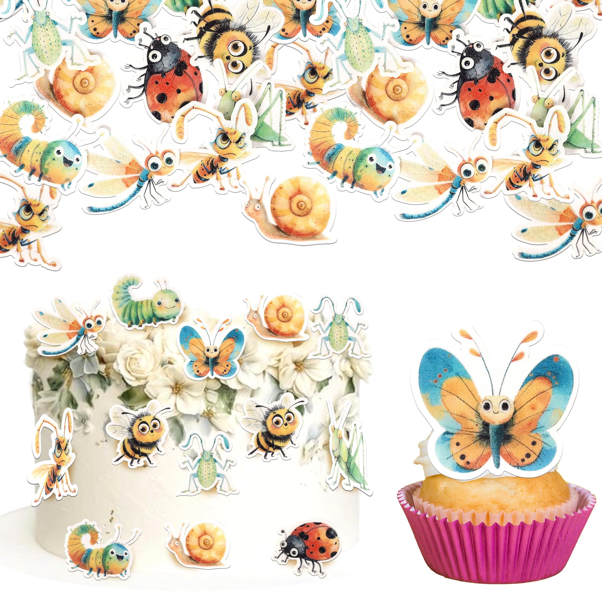 Xsstarmi 60 Pack Edible Insects Cupcake Toppers Rice Paper Dragonfly Bee Butterfly Ladybug Cupcake Picks for Baby Shower Kids Birthday Party Cake Decorations Supplies โ image 1