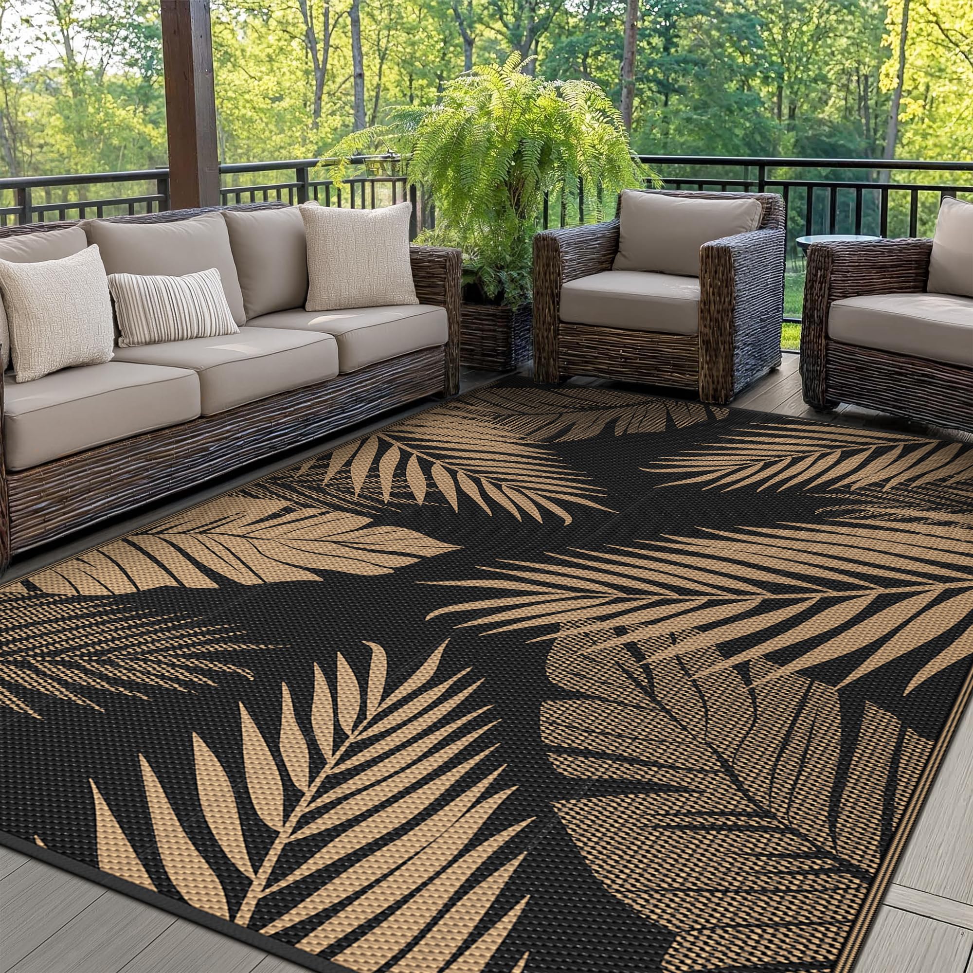 GENIMO Outdoor Rug 180x275cm – Waterproof Reversible Garden Rug, Washable UV Resistant Plastic Carpet for Patio, Balcony, Backyard, Picnic, RV – Black & Brown