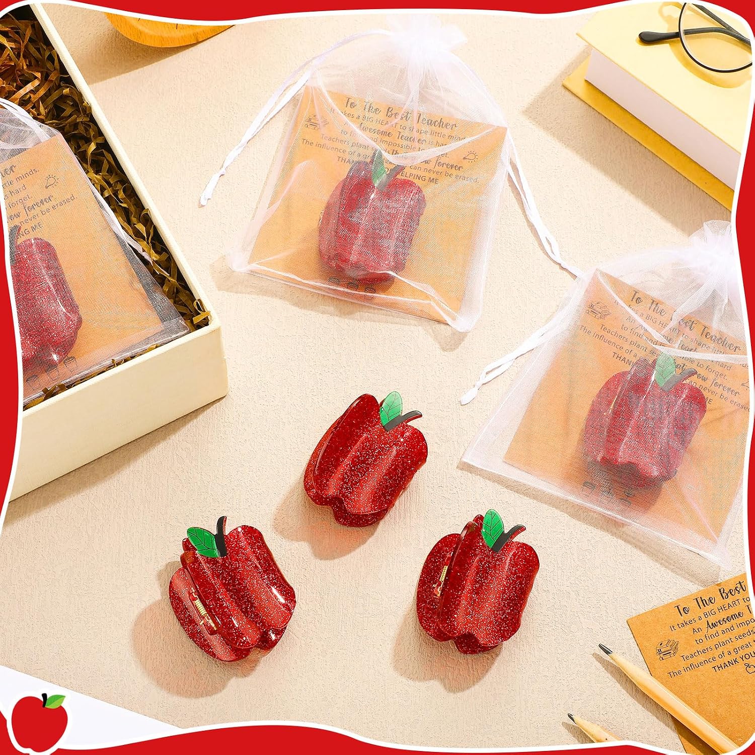 6 Pcs Red Apple Hair Clips Teacher Appreciation Gifts with Thank You Cards Cute Teacher Hair Claw Clips Barrettes for Thick and Thin Accessories