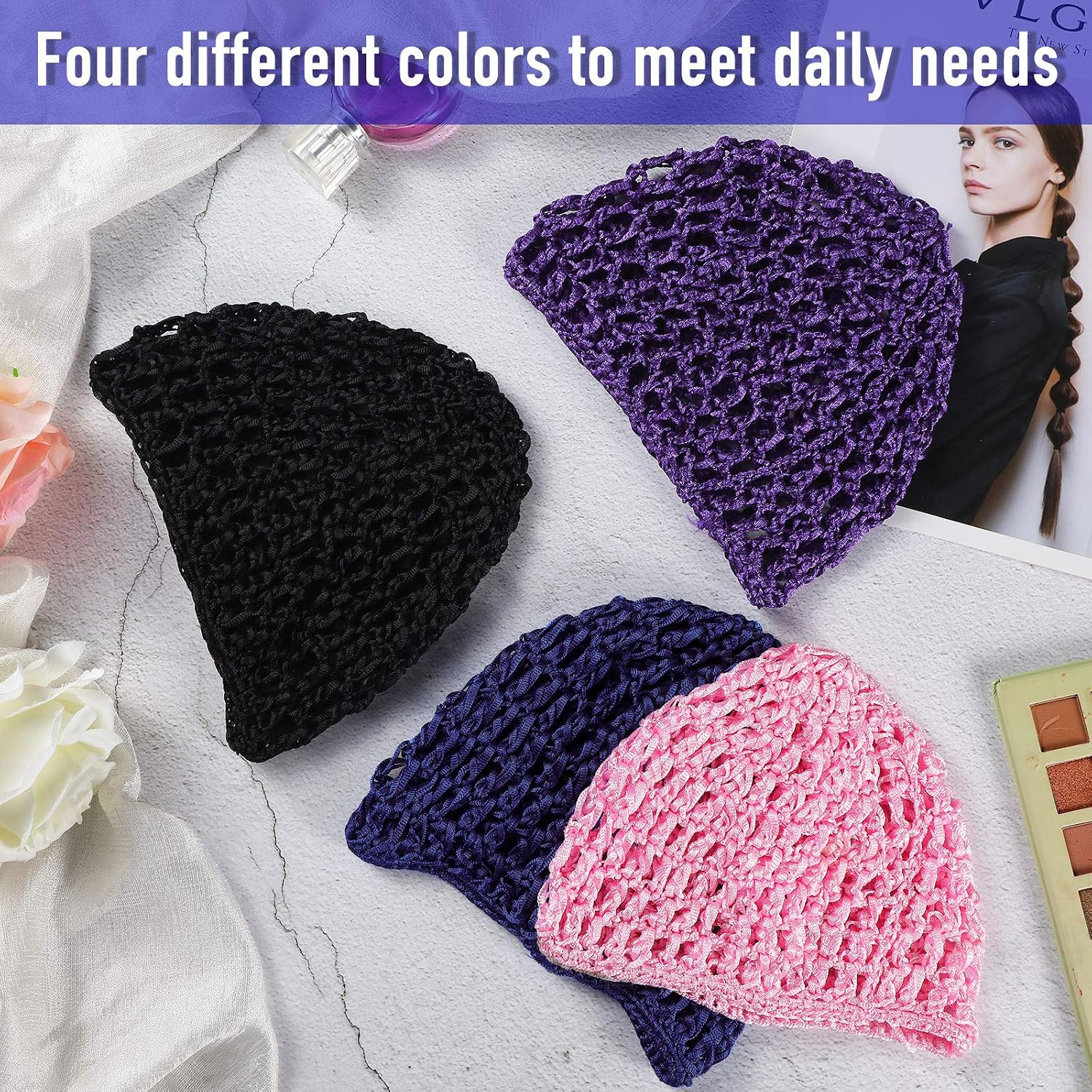 Geyoga 9 Pieces Mesh Crochet Hair Net Rayon Knit Snood Hat Thick Short Women Hairnet Snoods Cover Ornament for Sleeping (Black, Green, Khaki, Rose Red, Light Brown, Pink, Purple, Orange, Navy Blue)