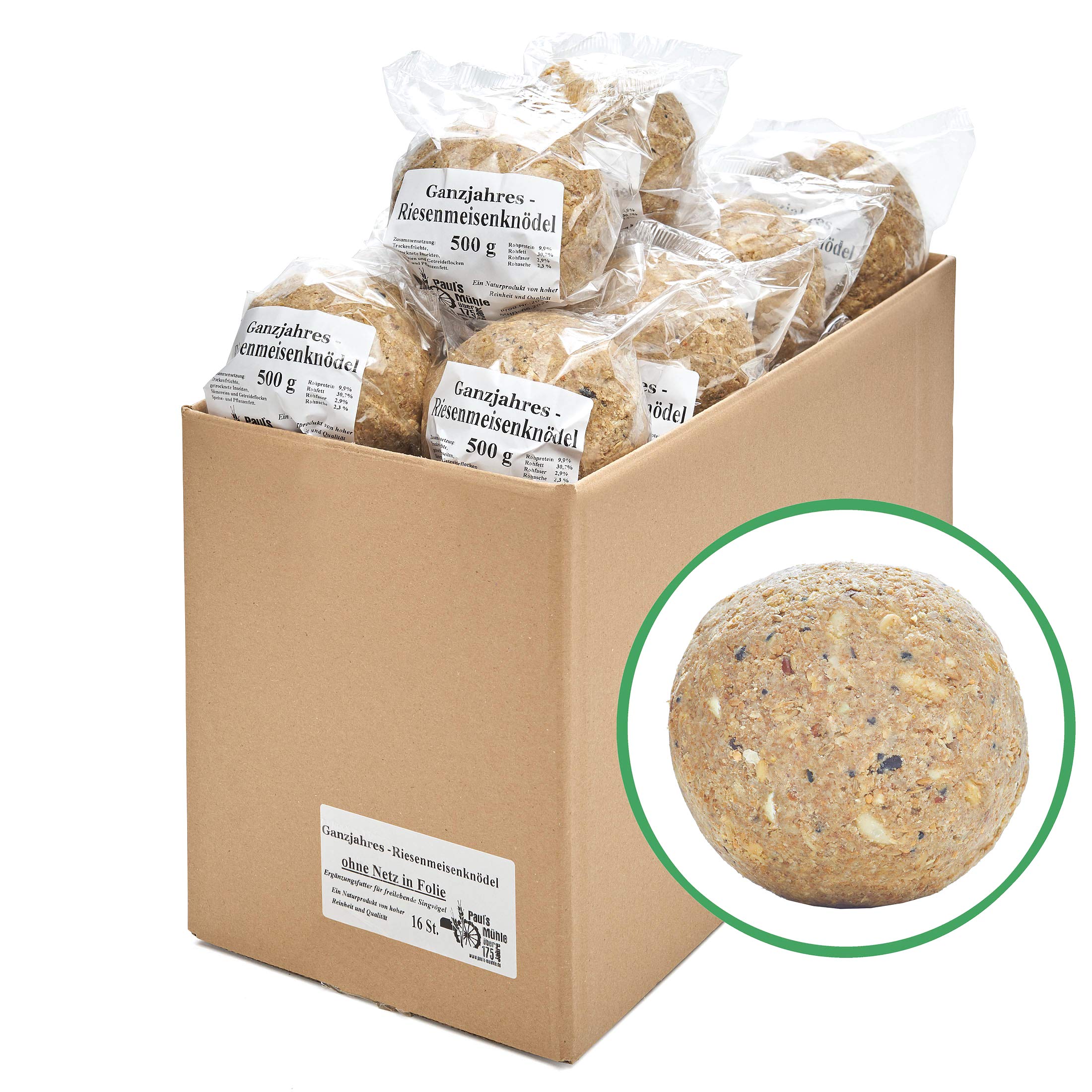 Paul´s Mühle Ganzjahres Riesen-Meisenknödel, Ganzjahresfutter für Wildvögel, reduzierter Schalen- und Nussanteil, ohne Netz, 16 Stück (16 x 500 g)