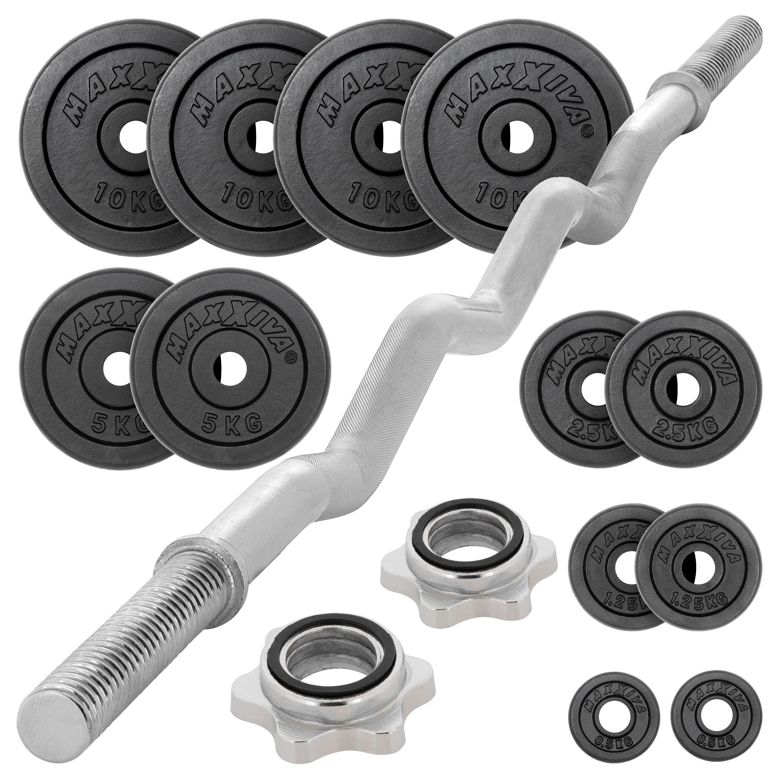 Curlhantelset bis 65 kg, mit Sternverschlüssen aus Gusseisengewichtsscheiben, 12 Gewichtscheiben für Kraftsport und Training Zuhause