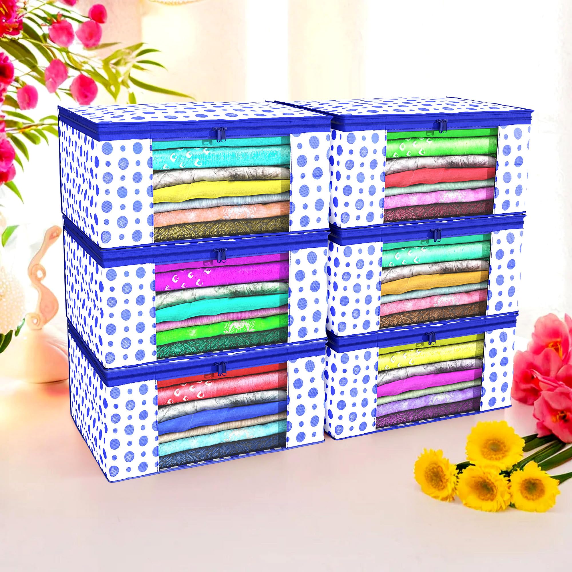 Kuber Industries (Pack of 6) Saree Covers | Foldable Storage Bag for Almirah & Wardrobe | Non-Woven Saree Bags (9 Inch) Clothes Bag for Women (Polka Dot) Sari Cover Bags | Blue