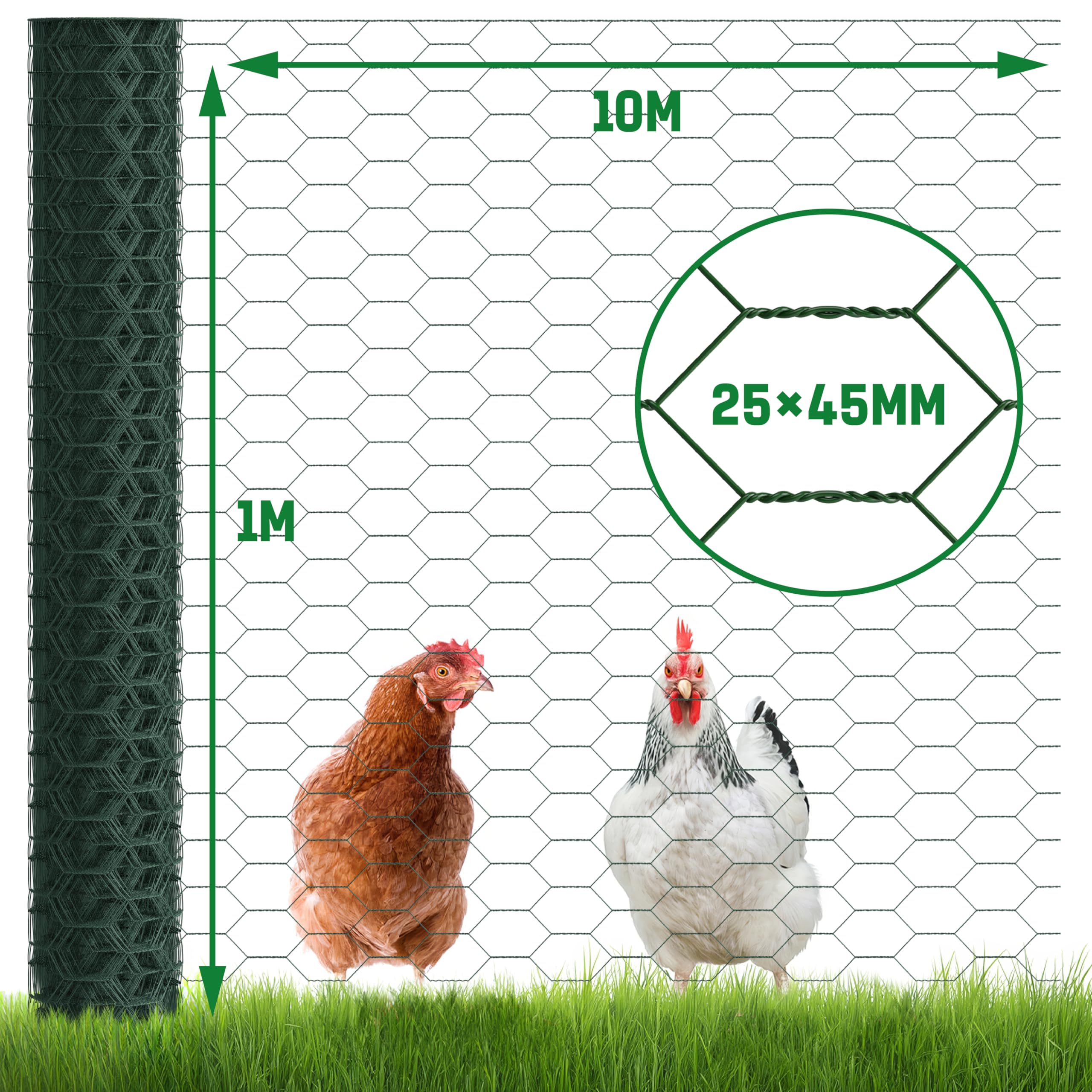 GardenGloss Maschendrahtzaun PVC-Besch. - Grobmaschig 25x45 mm- 100cmx10m | Grobmaschiges Sechseckgeflecht - Für Hasen & Hühner - PVC-Beschichtet - Witterungsbeständig