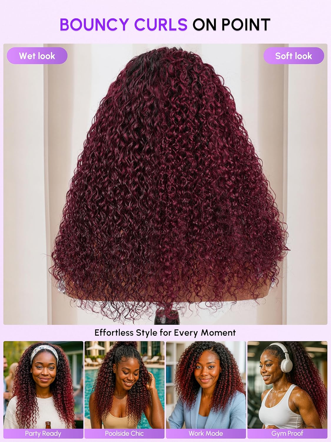 T1B/99J Half Wig Human Hair Water Wave | Drawstring Flip Over Style for 4C Edges | Slay Your 3B/3C Curls Daily | 3-In-1 Half Wig | Protective Style | Beginner Friendly | 16 Inch