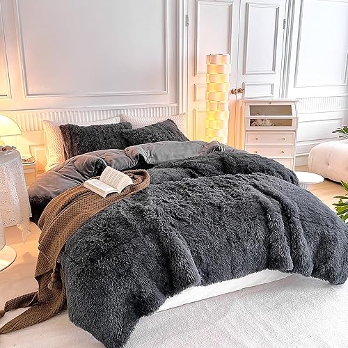 Miniatura 6 de Juego de edredón lanudo color negro, tamaño Queen, juego de edredón de 3 piezas de pelo sintético de invierno con 2 fundas de almohada, ultra suave