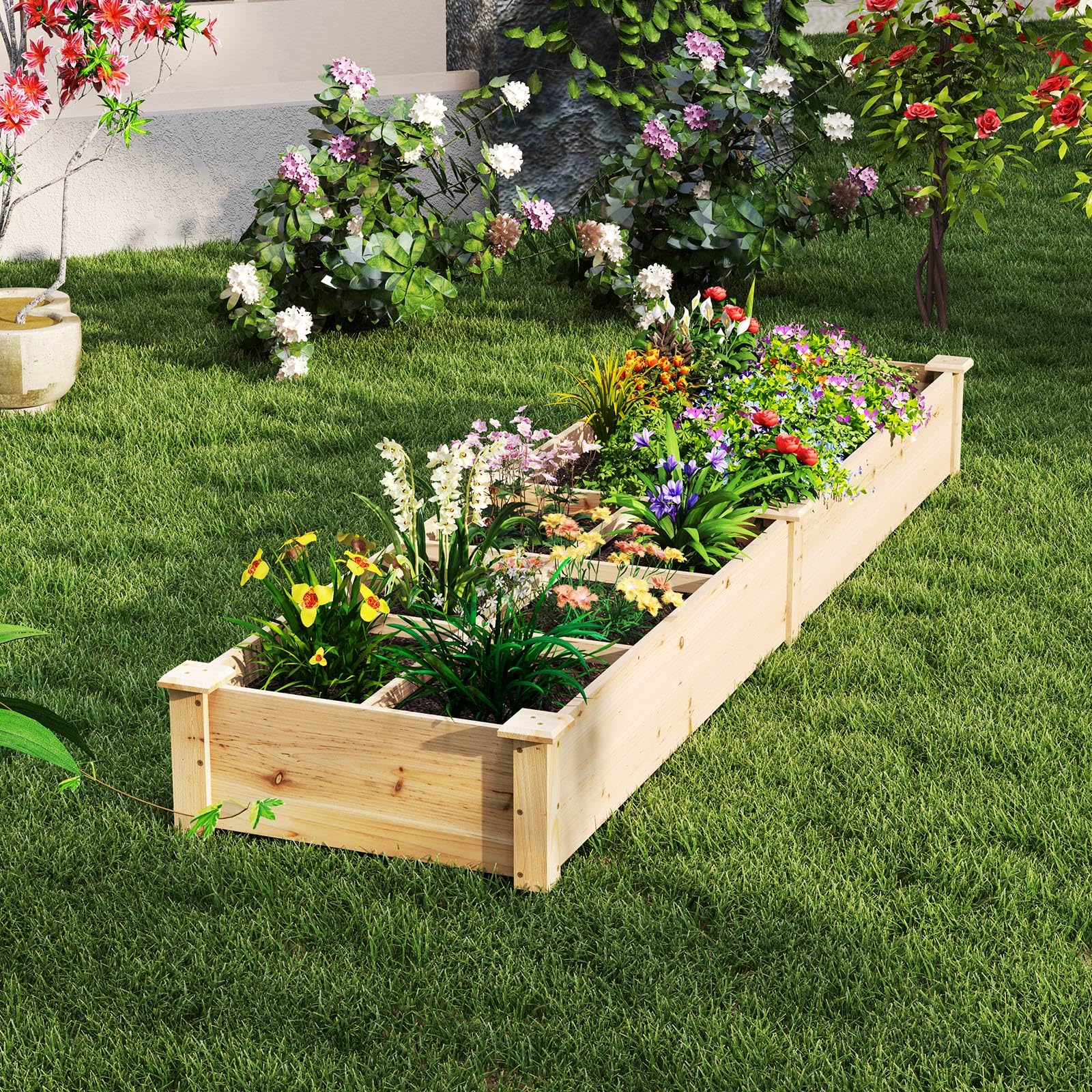 COSTWAY Lettino da Giardino Elevato in Legno con 2 Scatole per Piante e Separatori, Fioriera da Giardino Rialzato in Legno Massiccio da 228 cm per Fiori, Verdure, Frutta e Erbe (Naturale)